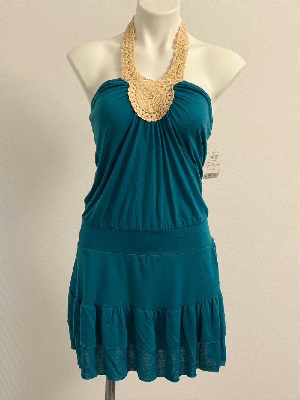 Teal Halter Dress w/Crochet Neckline